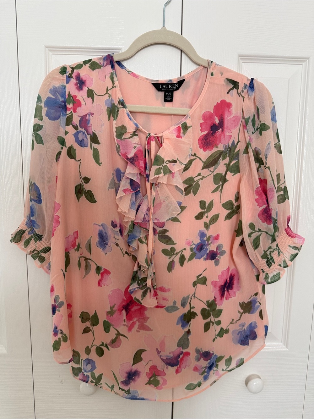 Lauren Ralph Lauren Peach Pink Floral Ruffle Tie-Neck Blouse